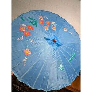 VINTAGE Blue Parasol Umbrella Hand Painted Floral Bamboo Asian Boho Decor 31''